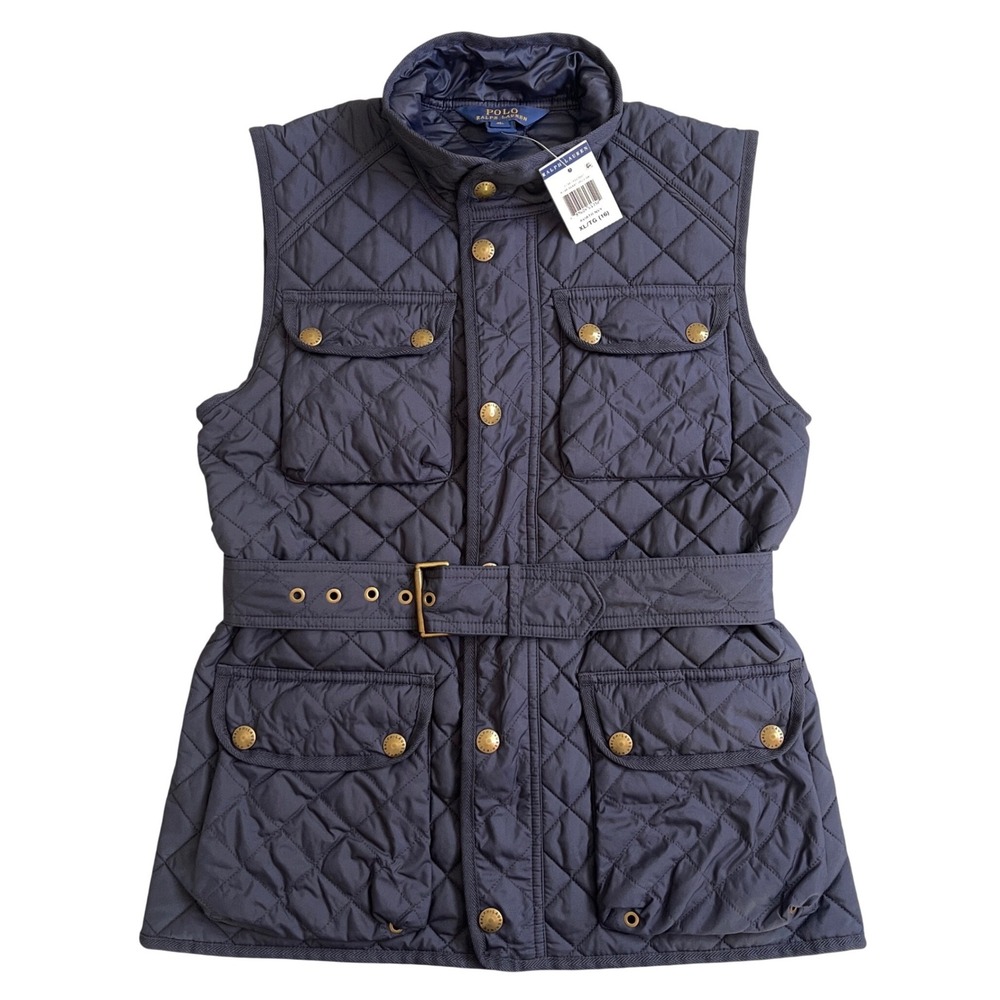 NWT Ralph Lauren Quilted Puffer Belted Vest Womens XL Navy Blue Gold Equestrian